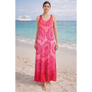 WB4 Tommy Bahama Maxi Dress XL Pink Orange Paisley Sleeveless Tank Casual